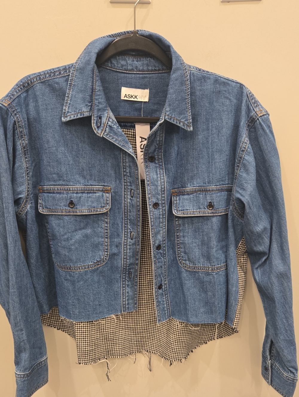 NWT ASKK NY Blue Denim Crosby Flannel Houndstooth Cropped Jacket